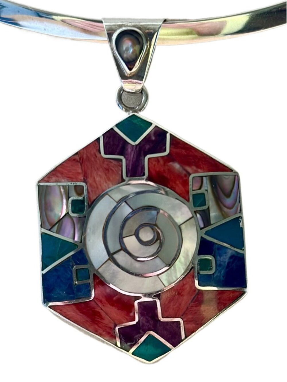 Handmade Peru 950 Silver Mosaic Pendant • Mother of Pearl & Natural Stone Inlay